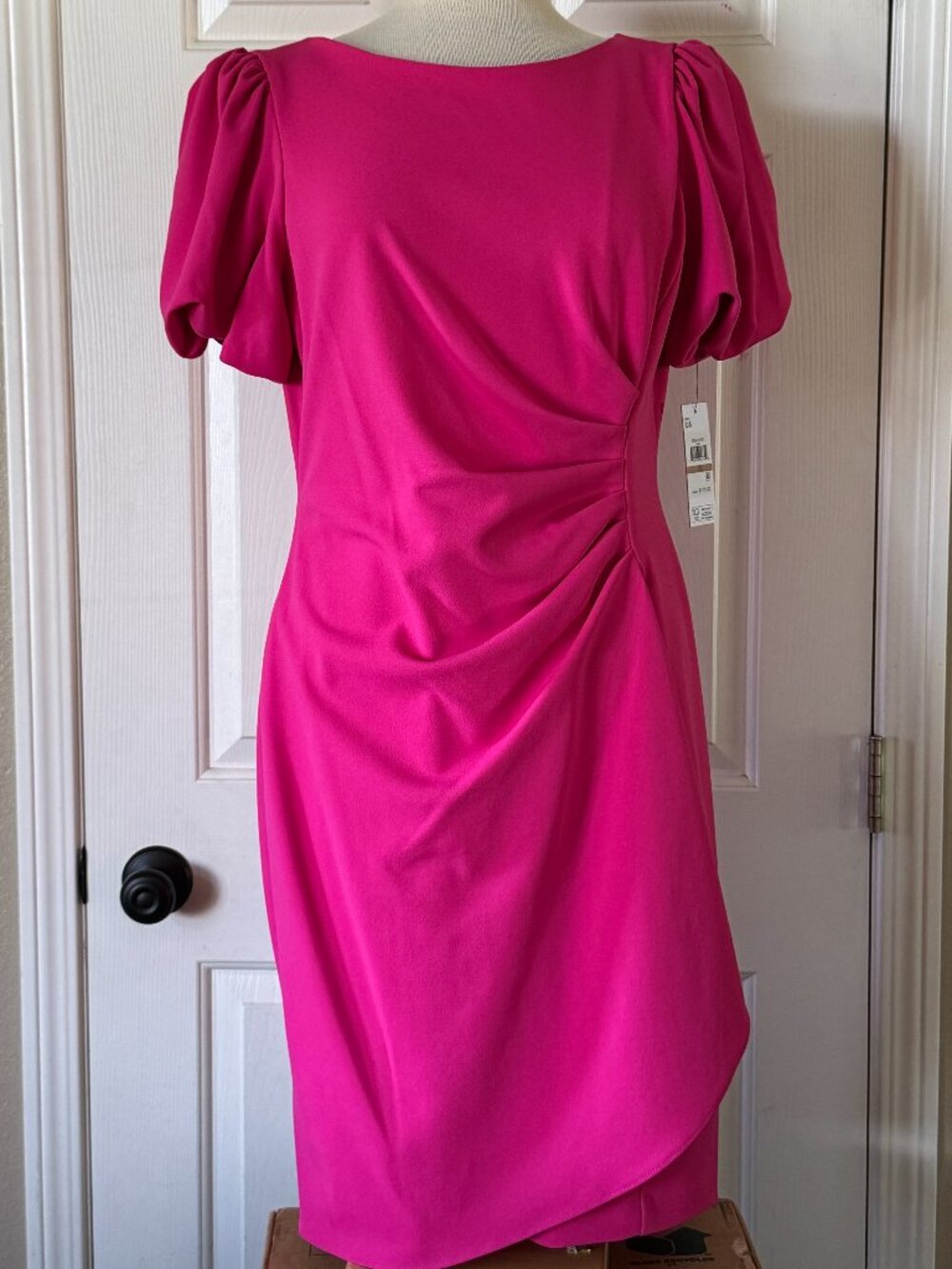 DKNY Bubble Sleeve Crepe Ruched Sheath Dress Hot Pink Size 12 NWT